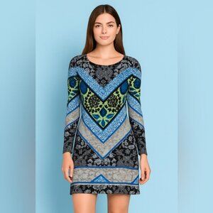 Hale Bob Vibrant Blue and Green Geometric Bohemian Mini Dress size M